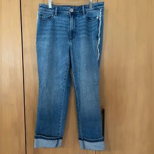 JJill high-rise cropped blue jeans with side seam fringe, misses 8